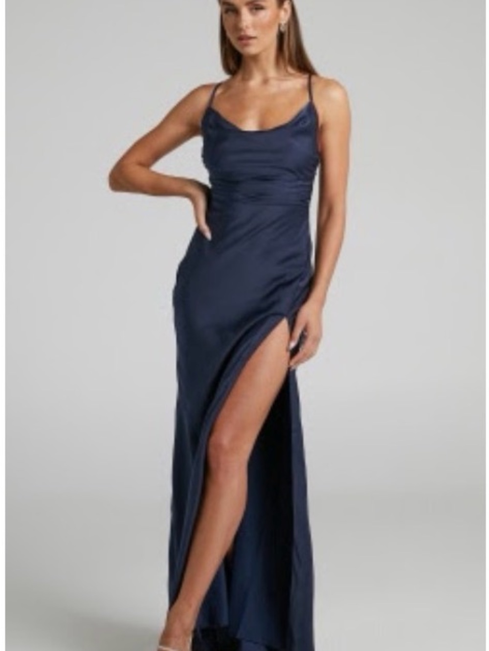 showpo JEWELLE MAXI DRESS - HIGH SPLIT COWL NECK SATIN DRESS IN NAVY